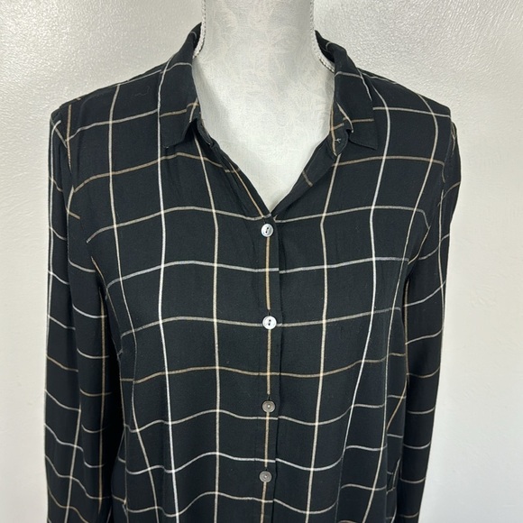 J. Jill Women's M Button Blouse Black Gold Windowpane Plaid Peplum Back Hem - Picture 4 of 10